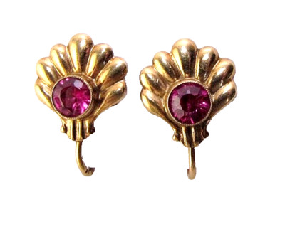 14K Gold Rubin Ohrringe Schraubverschluss Clip-On Rund Ohrstecker Nachlass Fein Vintage