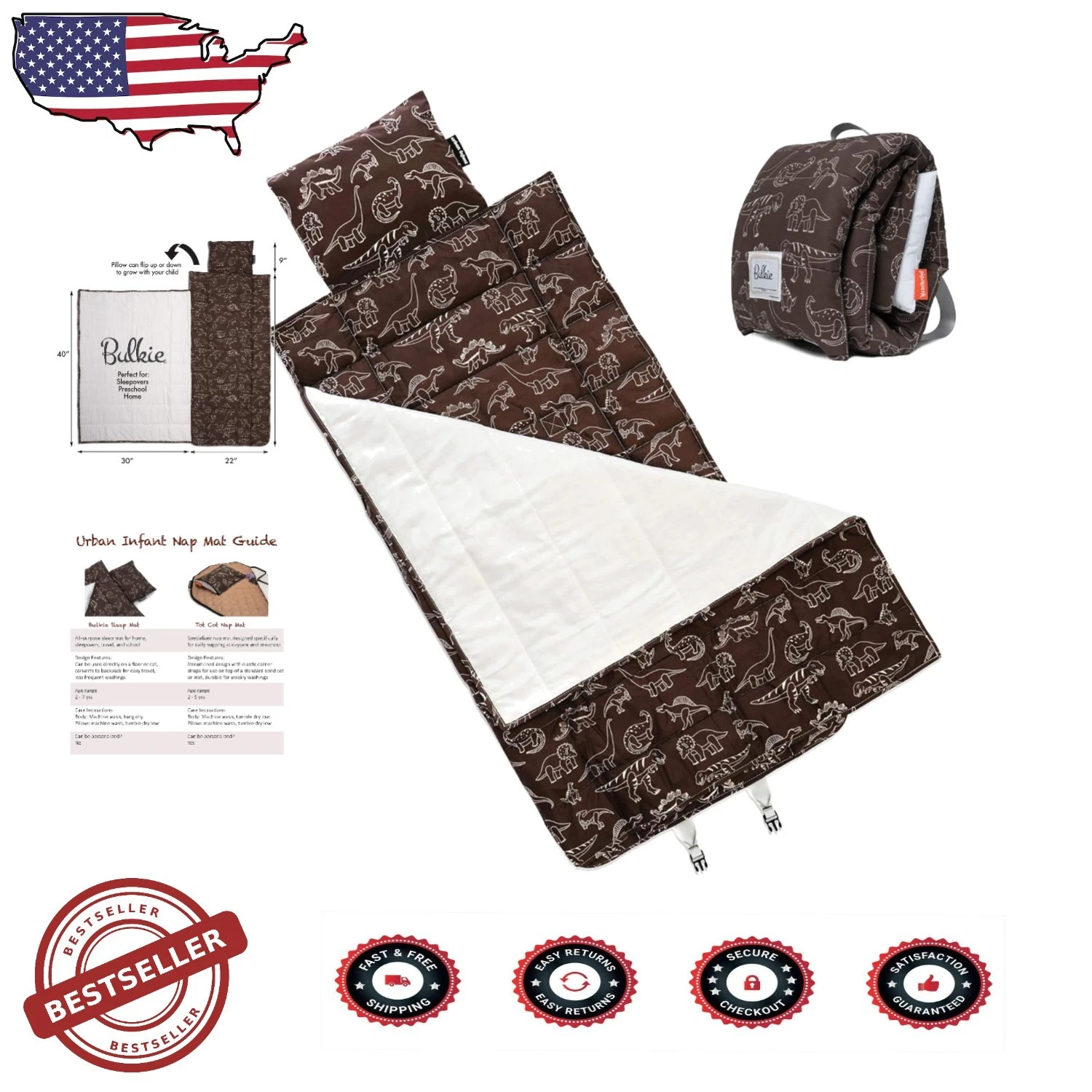 Preschool Nap Mat Toddler Full Size Dinosaur Folds Backpack Straps Cozy Cotton