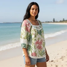 Nicole Miller Plus 1X Linen Blend Tropical Print Puff Sleeve Peasant Tunic Top