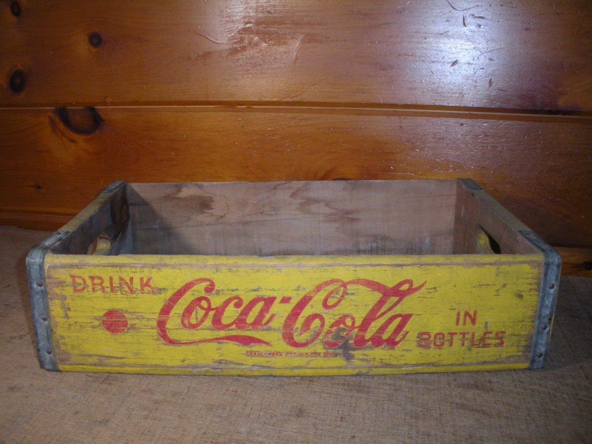 Vintage Drink Coca-Cola Yellow Wooden Case Box 24 Bottle Coke Soda