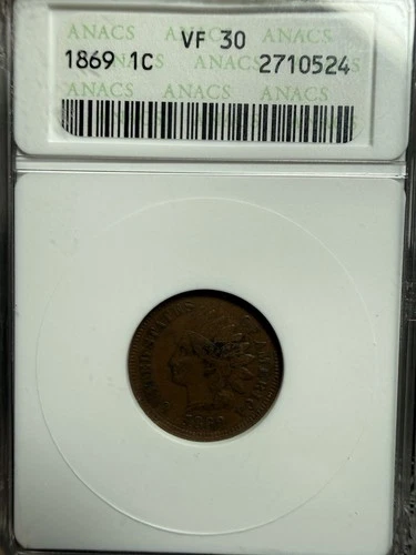 1869 1c Indian Head Cent VF30 VF 30 Very Fine ANACS 1c Penny Soap Box Original