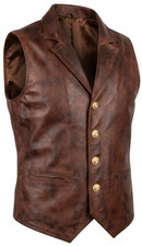 Vintage Distressed Brown Leather Vest Men Steampunk Cowhide Waistcoat Medieval