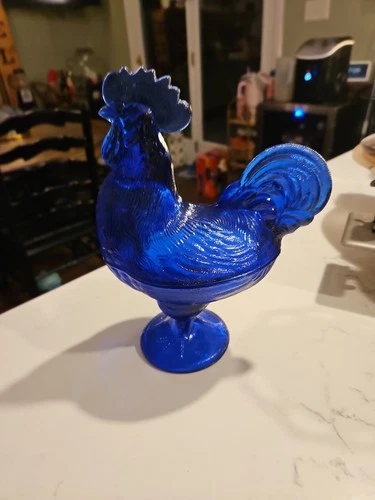 Vintage Cobalt Blue Depression Style Glass Rooster Candy Dish 8.5" Tall