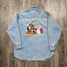 Vintage Looney Tunes Embroidered Jean Denim Button Shirt Taz Tweety Bugs Bunny S