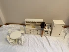 Vtg Barbie Doll House Wood Furniture Kitchen Set Fridge Table, Chairs Stove OOAK
