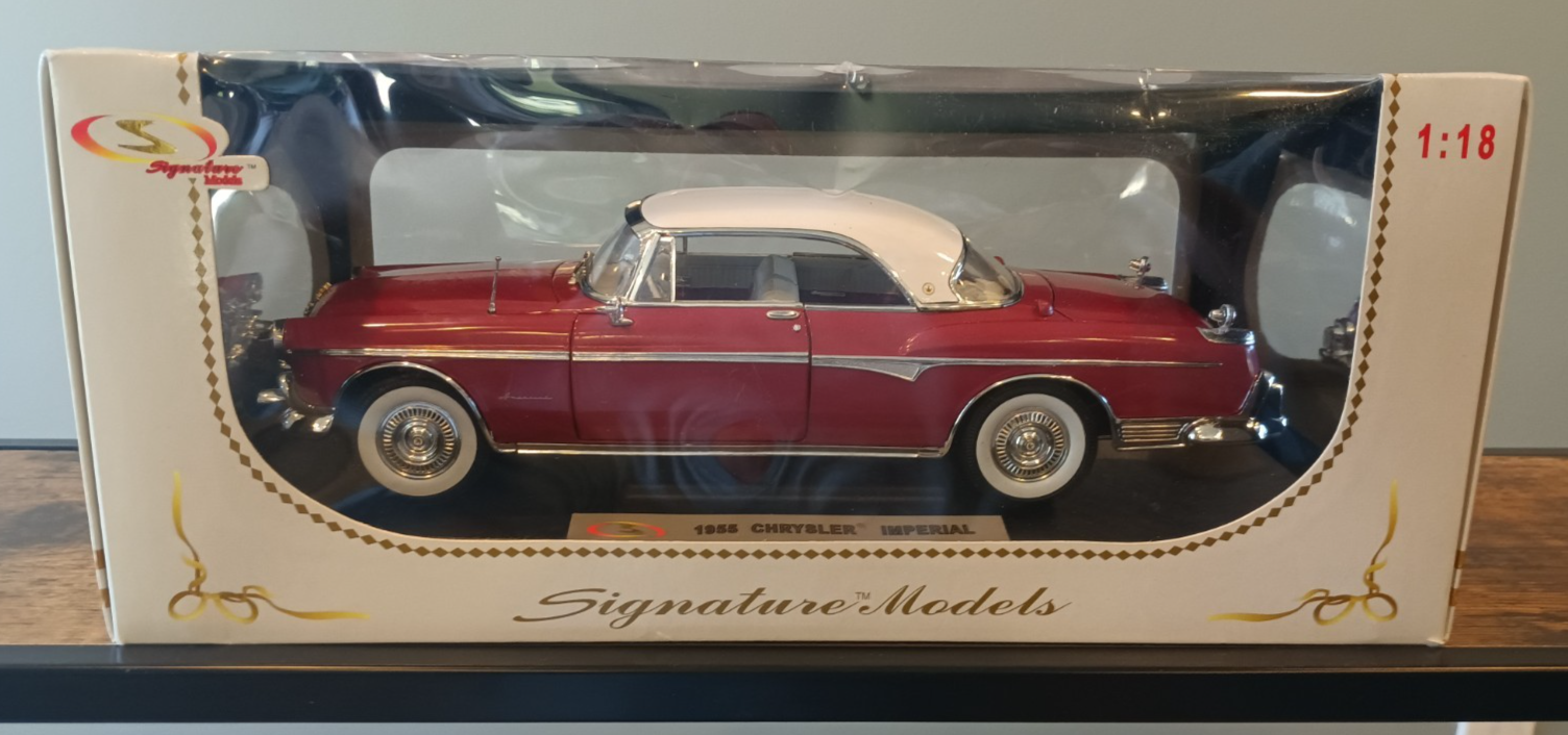 Signature Models 1:18th Scale 1955 Chrysler Imperial Car, #18111, Plum Red, NIB.