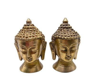 Lot Of 2 Brass Buddha Head Statue Serene Expression Texture Beaded Head 4 H