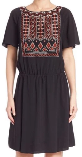 $450 Tory Burch "Bristol" abito nero in seta boho impreziosito maniche svolazzanti taglia 8