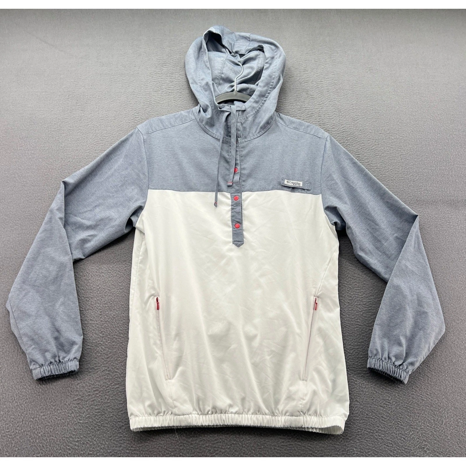 Columbia PFG Windbreaker Mens Small Grey White Colorblock Hooded Pullover Jacket