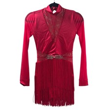 Red Fringe Latin Dance Performance Dress Rhinestone Lace Mesh Long Sleeve Sz S