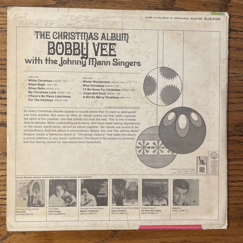 Bobby Vee / The Johnny Mann Singers / The Christmas Album LP Liberty Sunset GD+ - Image 4 of 4