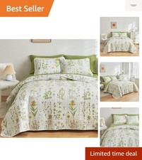 3 Pieces Reversible Quilt Set, Smooth Soft Microfiber Quilt, Yellow Flowers G...