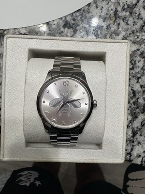 Gucci G-Timeless Bee Motif 38mm Silver Dial Steel Quartz Watch w/ Box