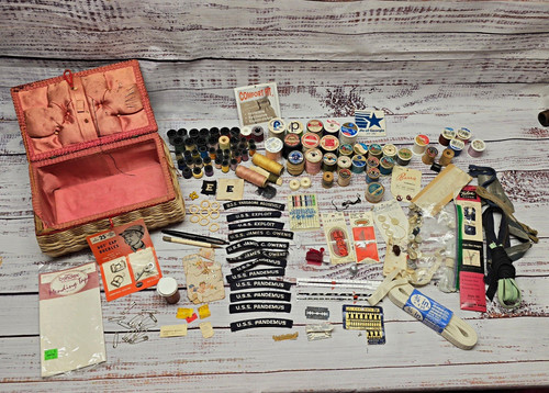 Vintage Original Wicker Sewing Basket Lot w Thread Spools, Buttons, Zippers
