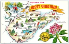 Vintage West Virginia Illustrated Map Postcard by Tichnor Bros 1960s