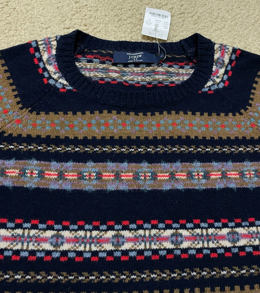 J.CREW Fair Isle Sweater Men's Large Blue Brown Lambs Wool Crew Neck Nordic NWT - Image 2 of 4