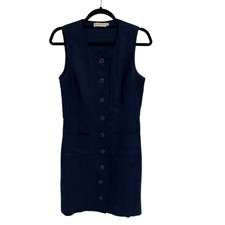 Tory Burch Pure Linen Sleeveless Button Front Navy Shift Dress Womens 2 AS IS