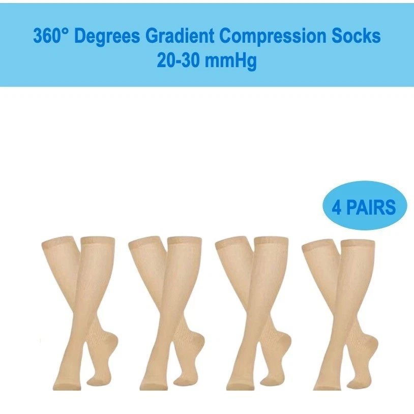 Unisex 20-30 mmHg Compression Socks L/XL Knee High Medical Tan Rib 4 Pack NEW
