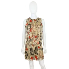 Valentino Dress Size Small Tan Red Ruffle Abstract Print A Line Sleeveless Short