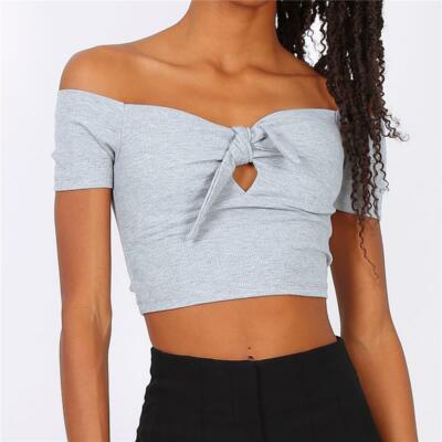 Bauchfreies Damen Off-Shoulder Top mit Knoten Hellgrau 34/36/38 #T1794