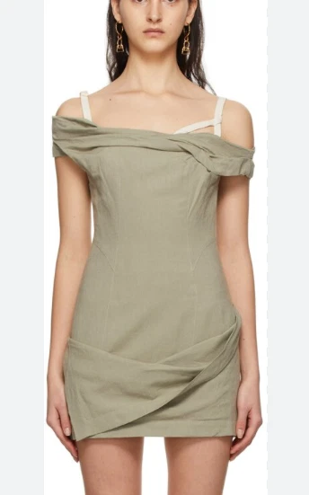 Mini abito Jacquemus Foglio misto lino VERDE SAGE KAKI FR42