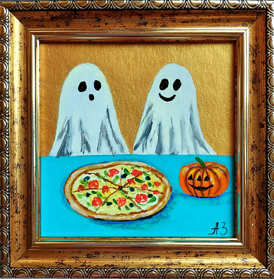 Ghost and pizza painting original Halloween handmade wall art