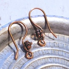 Fancy Handcrafted India Solid Copper Bali Bead Ear Hooks Earring Wires 4 pcs