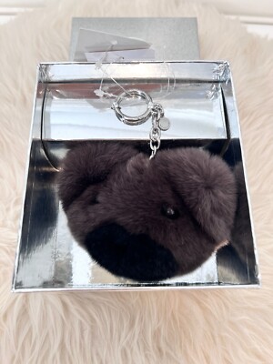 NWT MK MICHAEL KORS TEDDY BEAR POM POM KEYCHAIN FUR CINDER GREY RARE