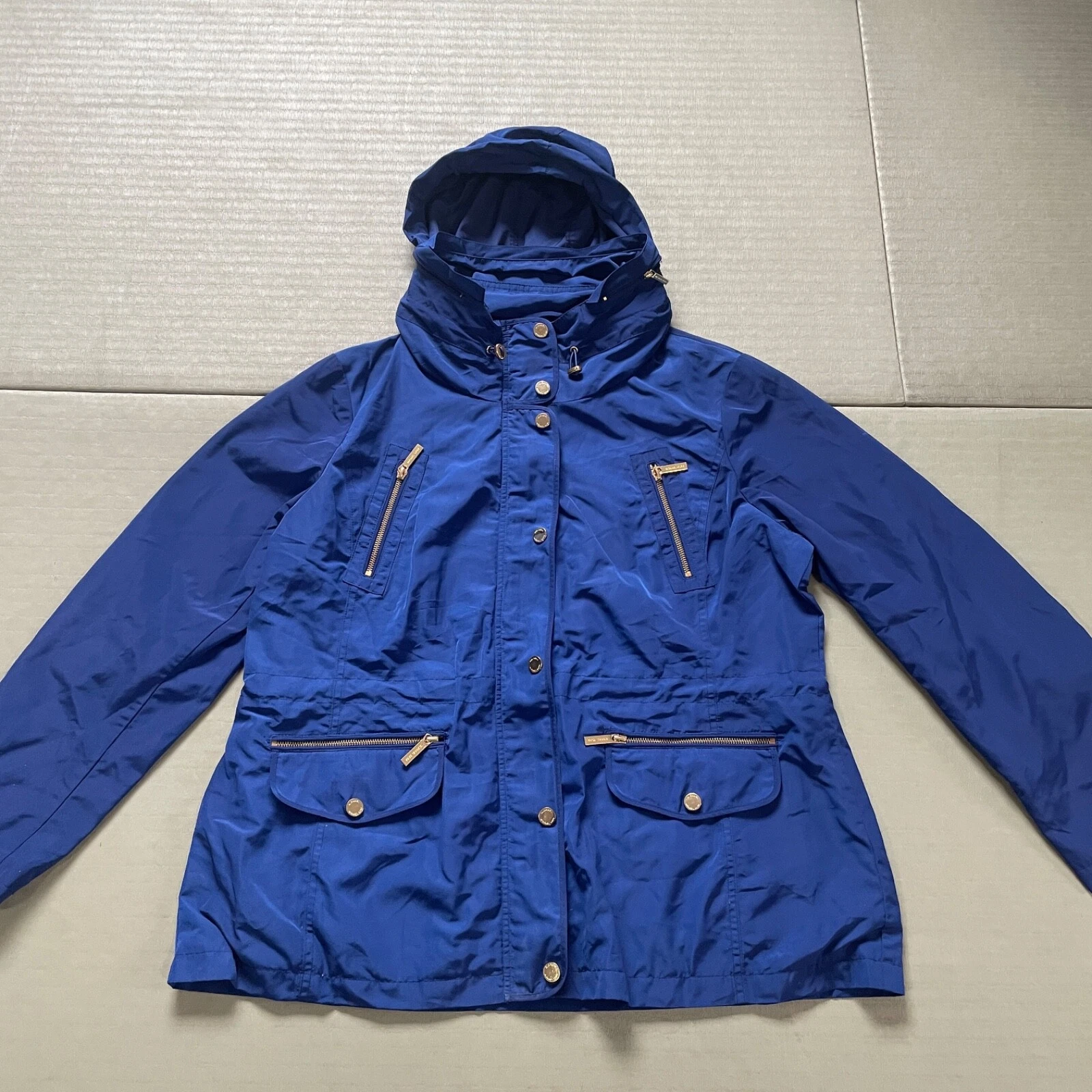 Giacca donna Michael Kors Anorak tutte le stagioni con cappuccio e zip blu taglia XL