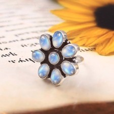 925 Sterling Silver Natural Rainbow Moonstone Gemstone Jewelry Adjustable Ring