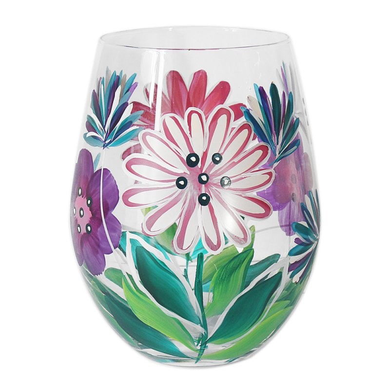 Stemless Pink Gin Glass Lynsey Johnstone Gerberas Wine Bar Garden Theme Painted