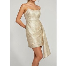 $495 NWT MONIQUE LHUILLIER Draped Metallic Jacquard Mini Dress, Gold, 10 (US)