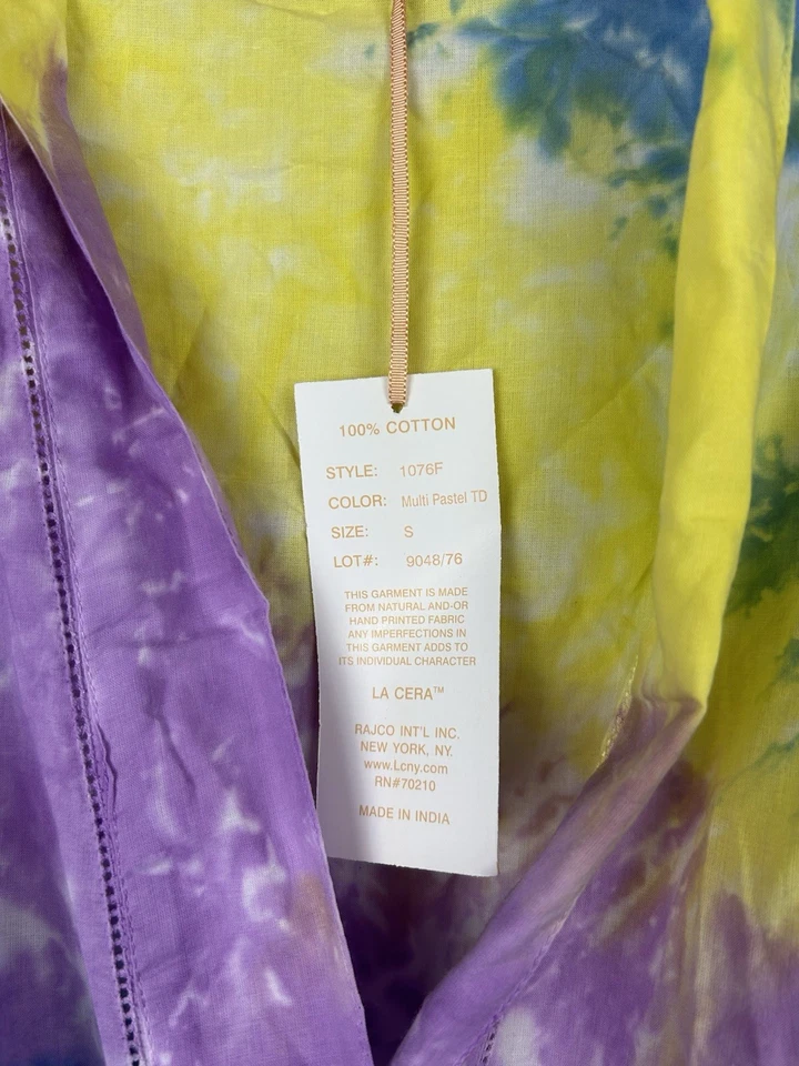 NUEVO CON ETIQUETAS Bata corta de algodón La Cera Tie Dye talla mediana amarilla púrpura bolsillos NUEVO Foto 3 de 4