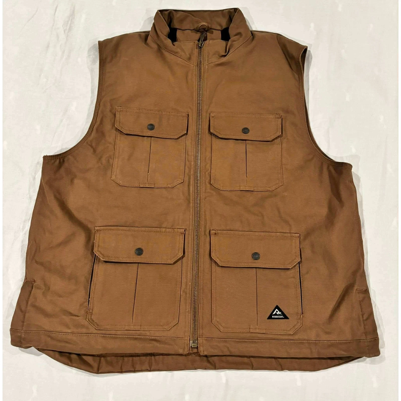 Ridgecut Toughwear Mens 2XL Brown Canvas Work Vest Plaid Lined Full Zip Utility