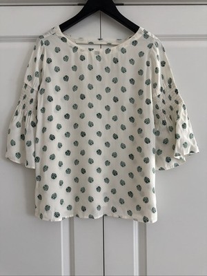 Loft Sz XS casual Work Blouse W Monstera Print Cream Green 3/4 Sleeve