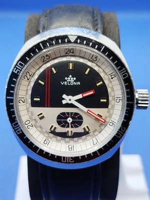Vintage mechanical dive watch by Velona (France) with a racing-style dial.