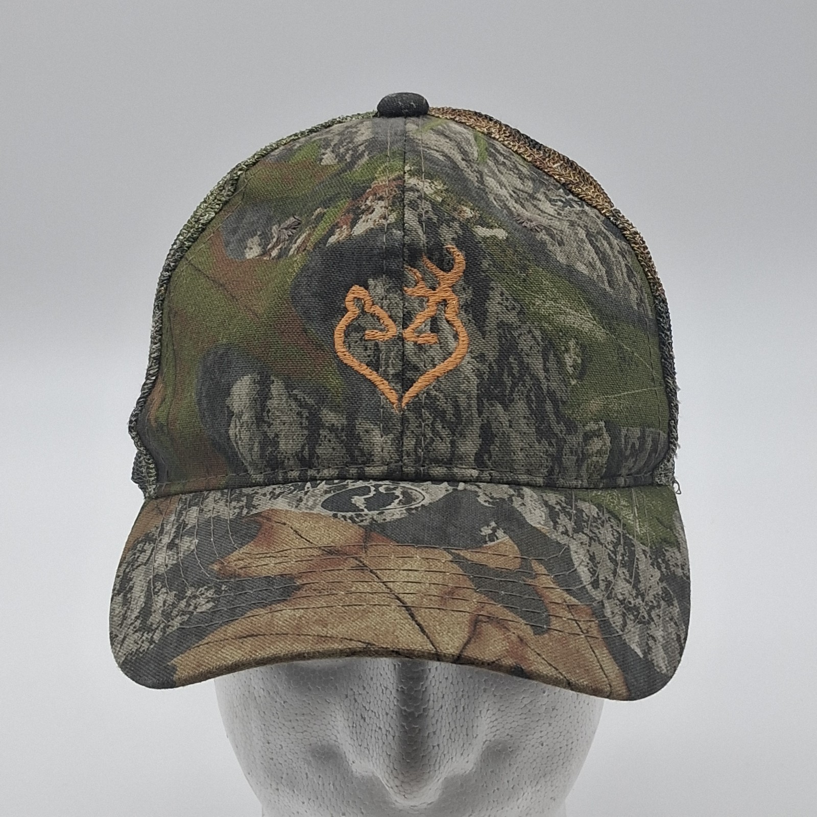 Browning Camo Trucker Hat Orange Buckmark Logo Signatures Mesh Snapback Cap