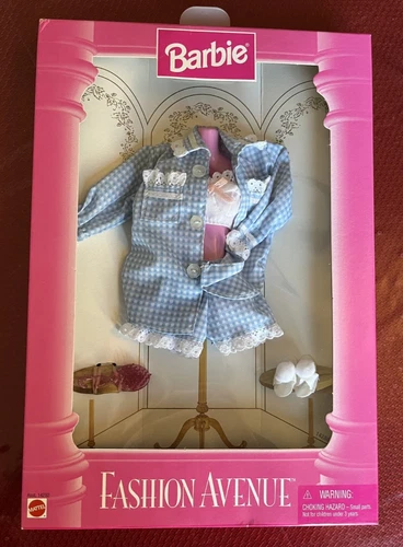 Vintage 1995 Barbie Fashion Avenue Blue Gingham Pajamas Sleepwear Set NIB 14292