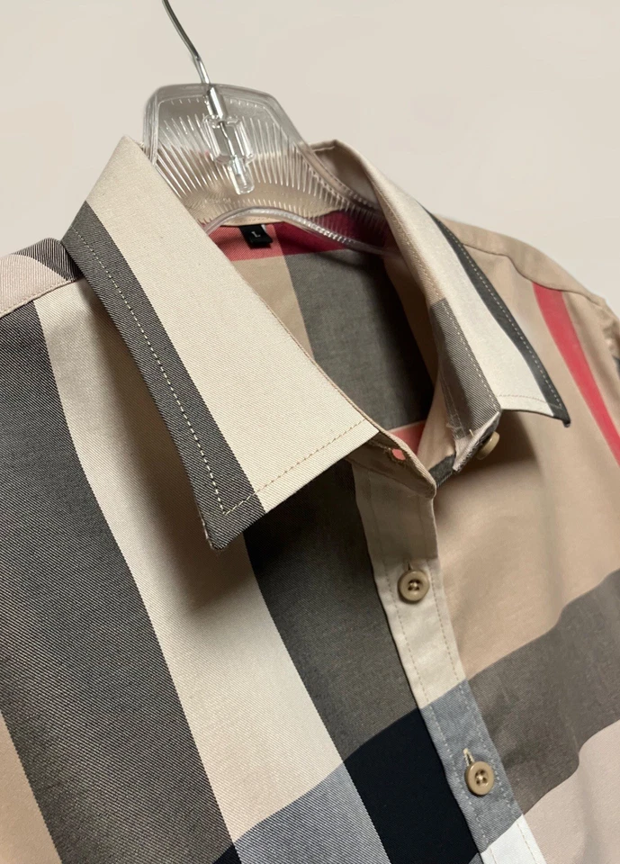 New Womens Dress Shirt Beige Nova Check Collared Button Down Cotton Plaid Top - Image 3 of 4