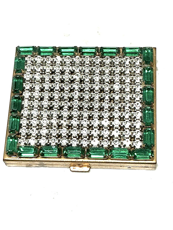 Vtg MCM “Trickette” Gold Tone wth White & Green Rhinestones Powder Compact