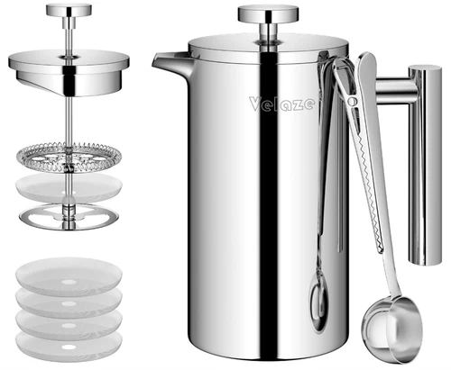 34oz Stainless Steel French Press Coffee Maker with Filters & Spoon, Silver