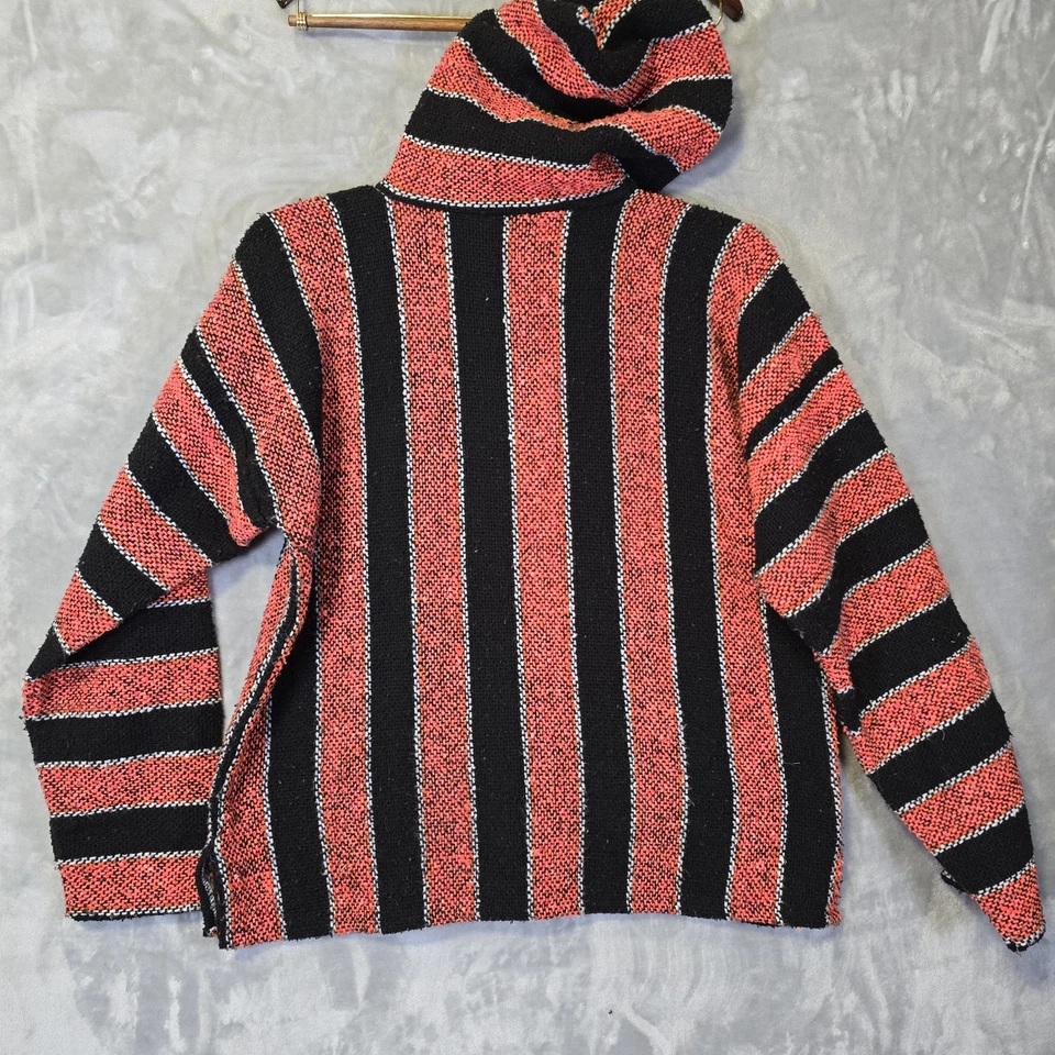 Мексиканский наркотик ковер пуловер толстовка с капюшоном пончо L-XL оранжевый красный черный полоски мешок  - Изображение 3 из 4