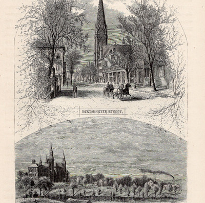RHODE ISLAND VIEWS  Westminster Street & Hospital Grounds 1872 Antique Engraving