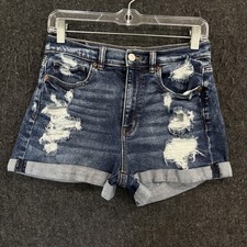 American Eagle Mom Shorts Women's 6 Blue Distressed 2" Denim Cuffed Hem Stretch