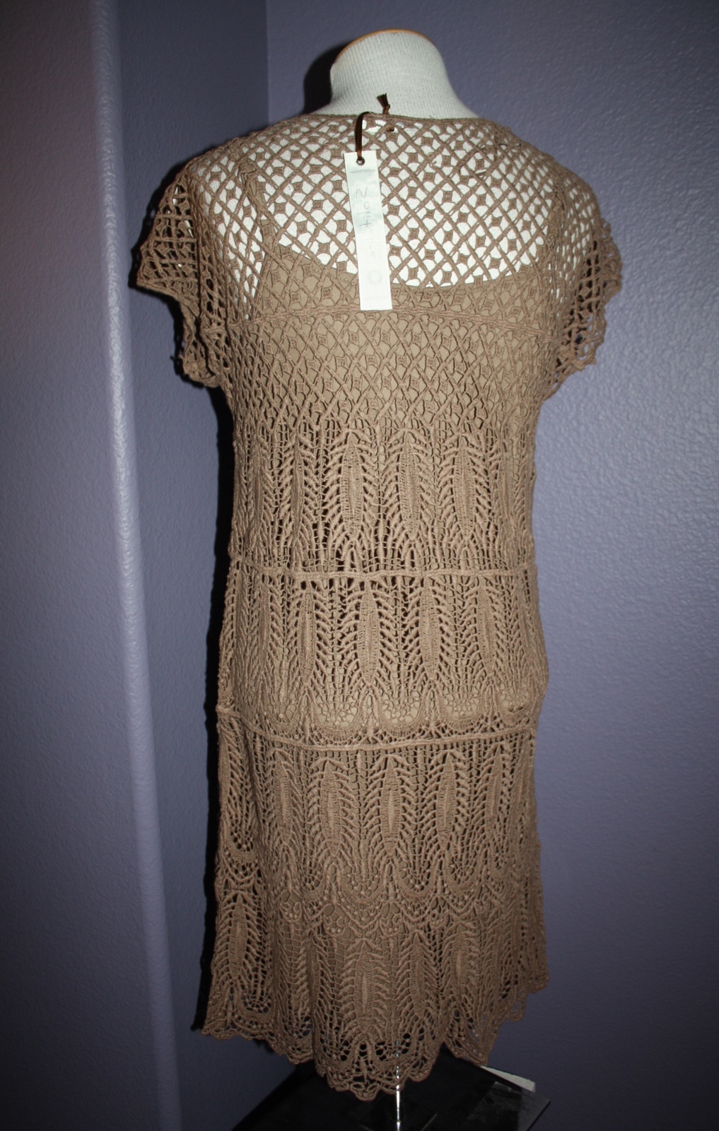 NWT Solitaire by Ravi Khosla Brown Boho Crochet Cap Sleeve Dress w/ Slip S