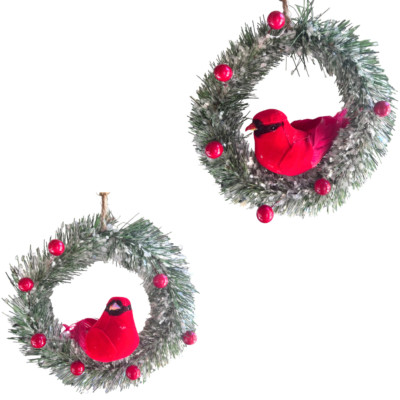 Kurt Adler Iced Pine Wreath Red Cardinal 6 inch Acrylic Hanging Ornament Set 2