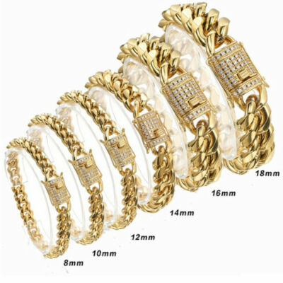 8mm-18mm Men's Miami Curb Cuban Chain Bracelet Stainless Steel Bangle 18K Gold