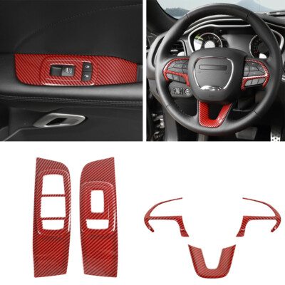Red Carbon Steering Wheel Window Switch Panel Cover Trim for Dodge Challenger15+