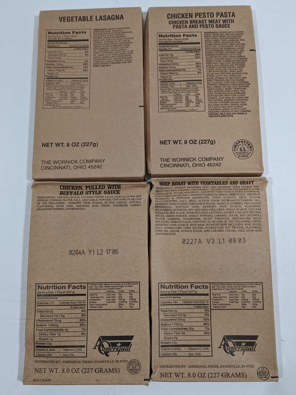 MRE Main Entree Meals Vegetable Lasagna, Chicken Peto Pasta, Pulled