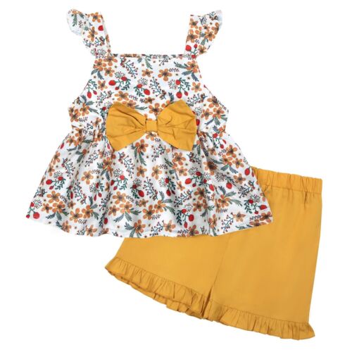 Toddler Girl Outfit Ruffle Floral Bowknot Top & Shorts Summer Set